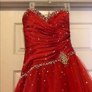 Red Strapless corset back prom dress